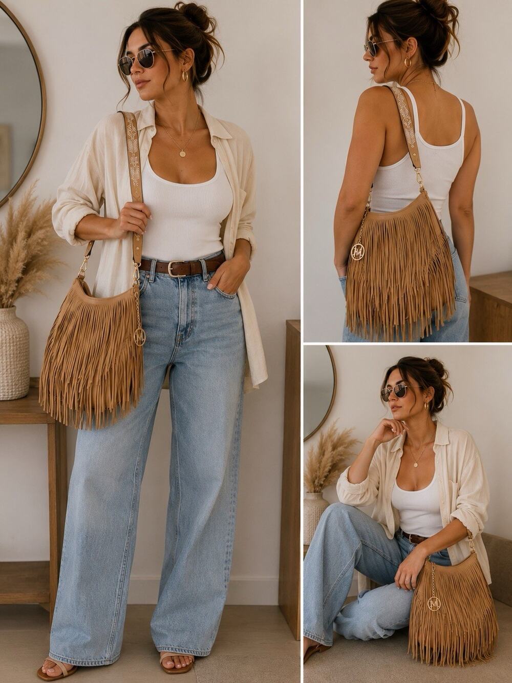 Beige Leather Crossbody Fringe Bag With Extra Strap Boho Chic Fun Summer